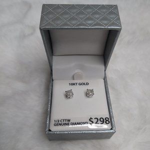 NIB 10k 1/2 CTTW Genuine Diamond Earring Stud Pair